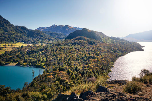 Panoramic view of Bob’s Cove on Lake Wakatipu, showcasing turquoise waters, forested hills, and the dramatic Southern Alps