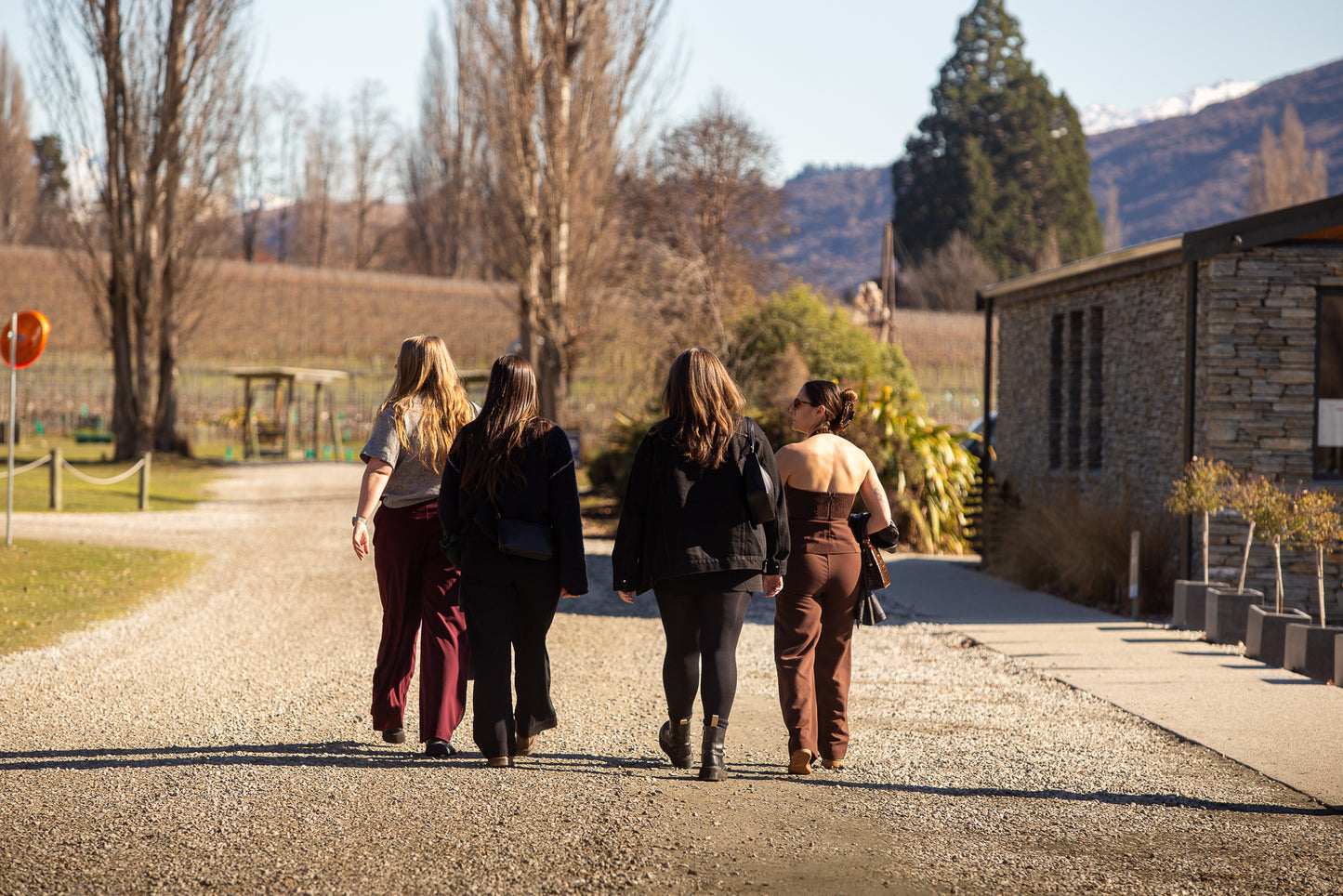 Guests on a guided wine tour walking through boutique Gibbston Valley vineyards in Central Otago