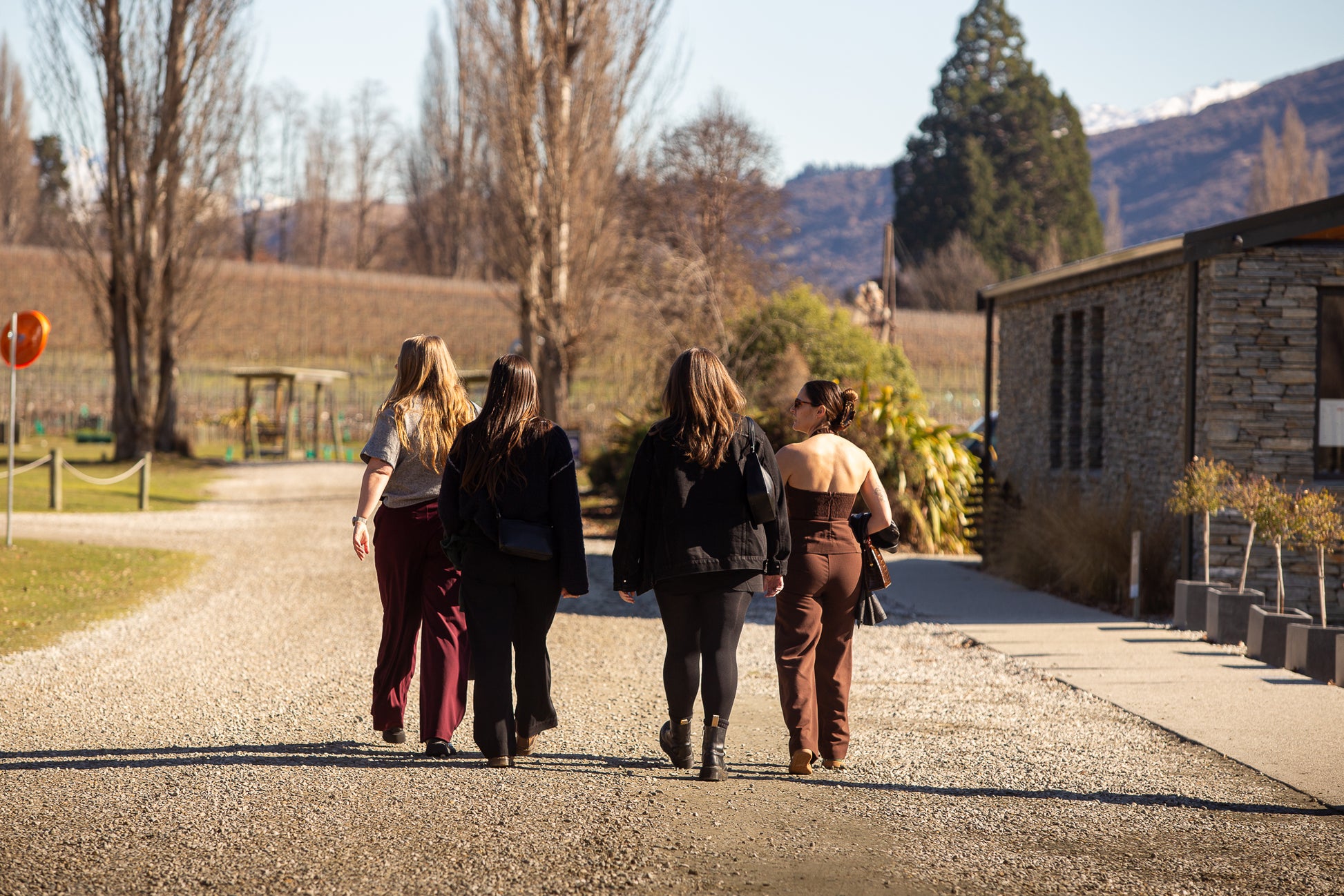 Guests on a guided wine tour walking through boutique Gibbston Valley vineyards in Central Otago