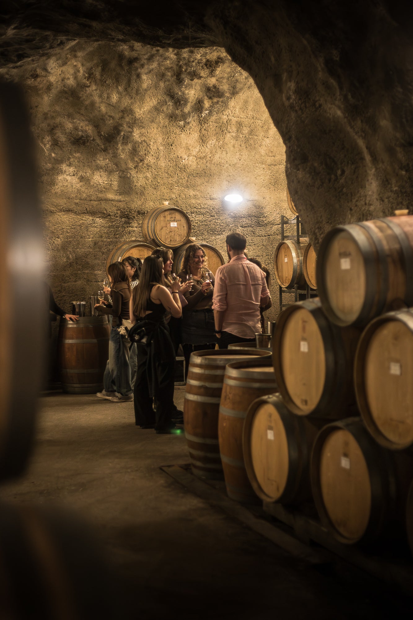 Private guided group exploring Gibbston Valley’s famous underground wine cave during a tasting experience