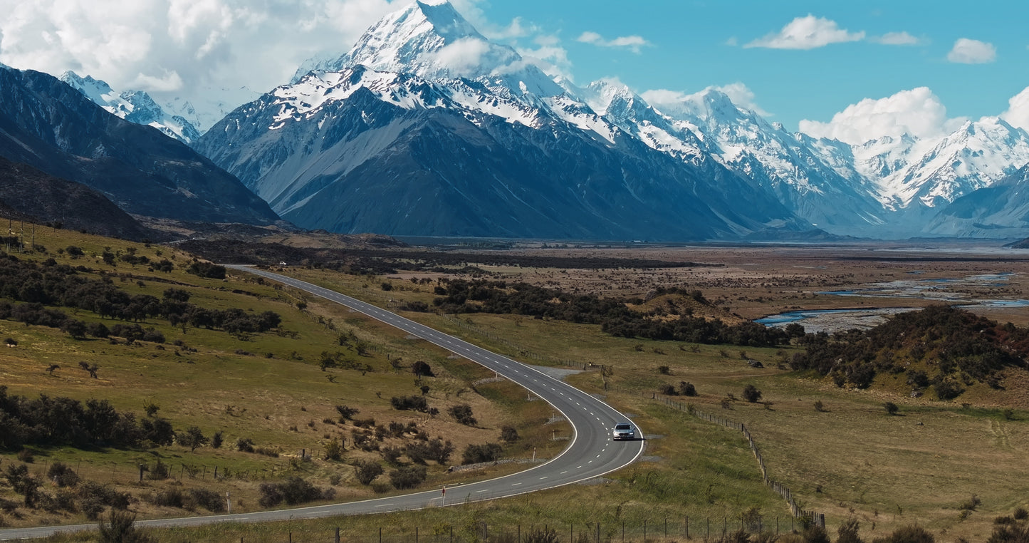 Alpine road and mountain scenery on Aoraki Mount Cook guided day tour