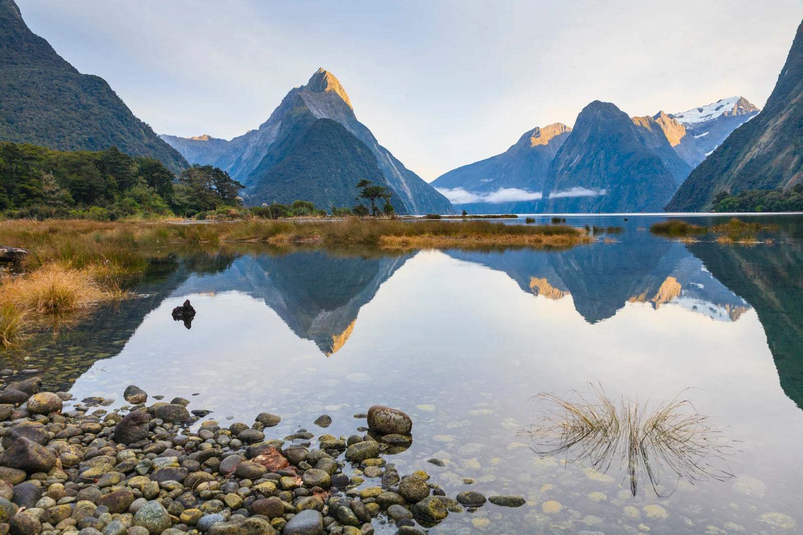 Mitre Peak reflected in Milford Sound on a private guided tour from Queenstown