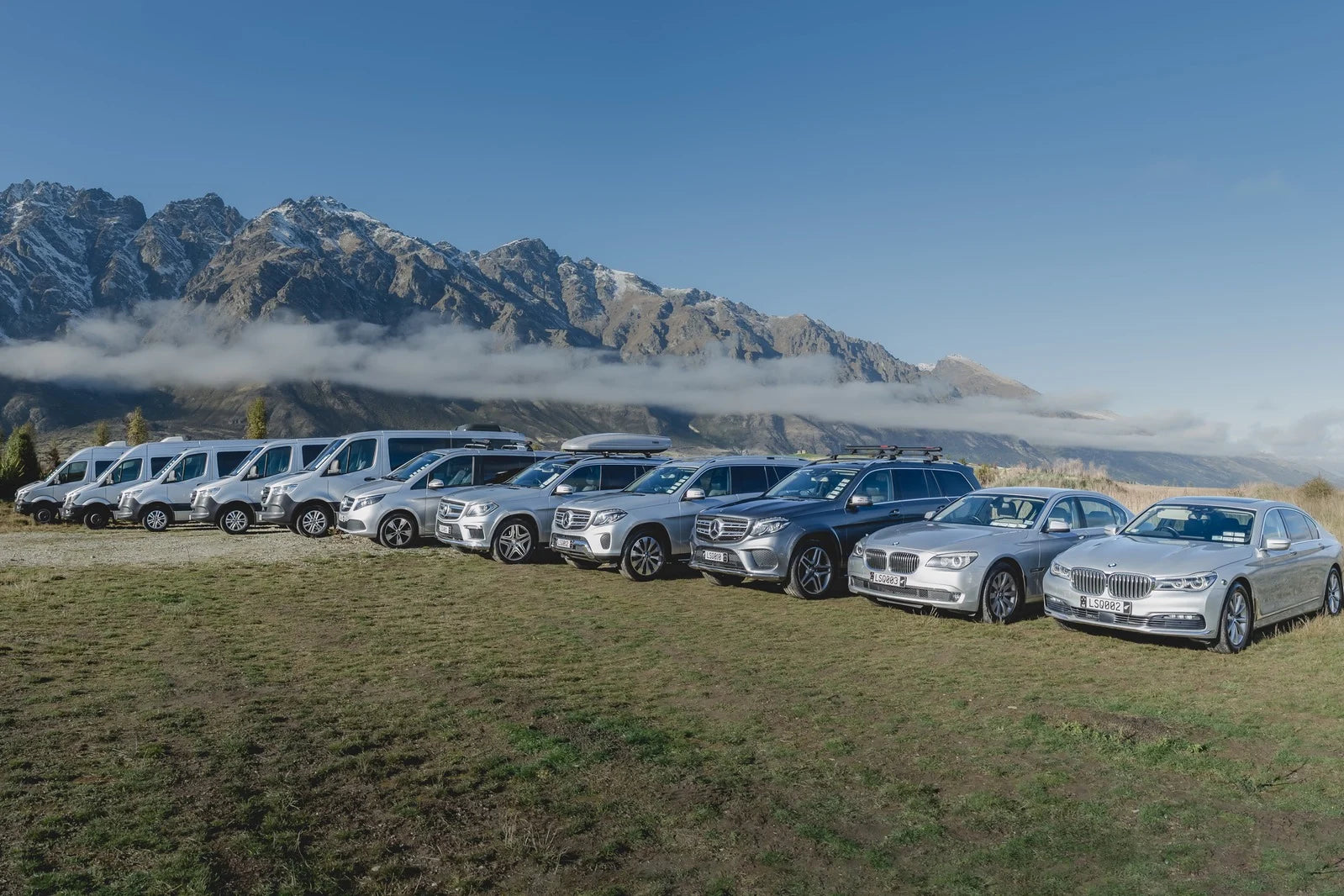 Luxury Mercedes vehicles used for private guided tours from Queenstown to Milford Sound, Glenorchy, and beyond